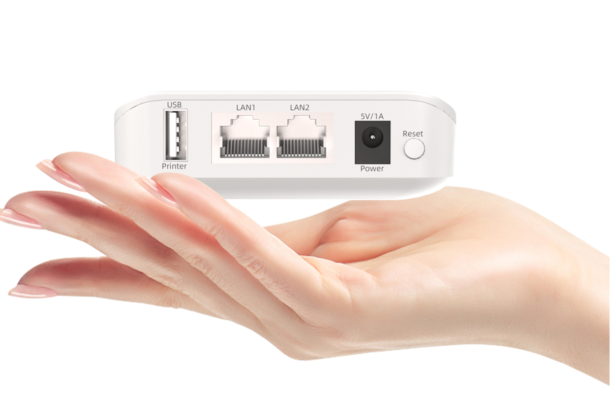 Modern print server device with network connections, sleek design, professional office environment